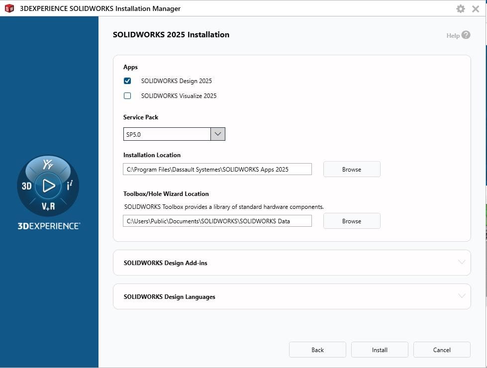 Installera SOLIDWORKS Design ifrån 3DEXPERIENCE SOLIDWORKS Installation Managern
