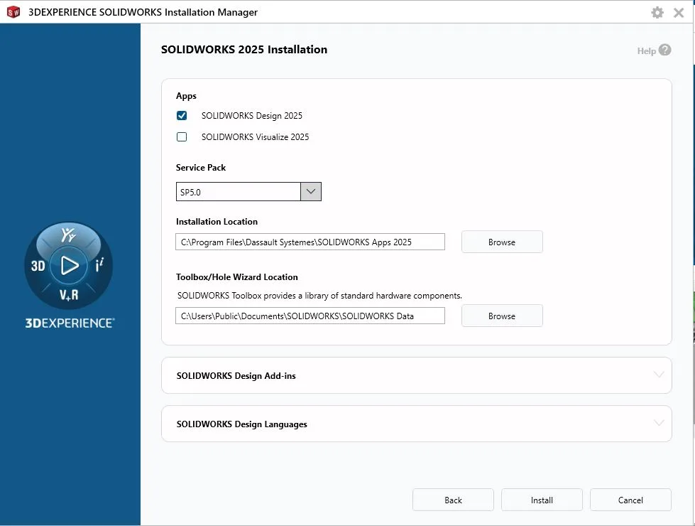 Installera SOLIDWORKS Design ifrån 3DEXPERIENCE SOLIDWORKS Installation Managern