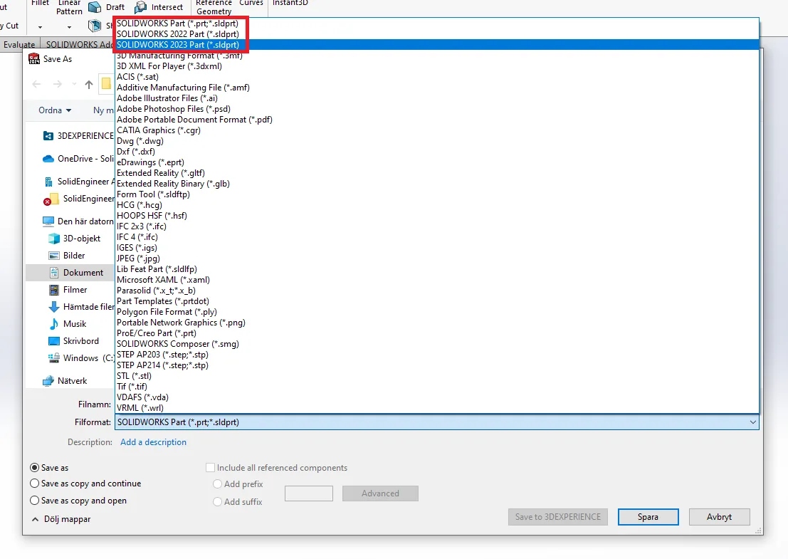 Save as previous version in SOLIDWORKS.