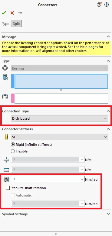 Inställningar för lagerkopplingar. Nyhet i SOLIDWORKS Simulation 2024.