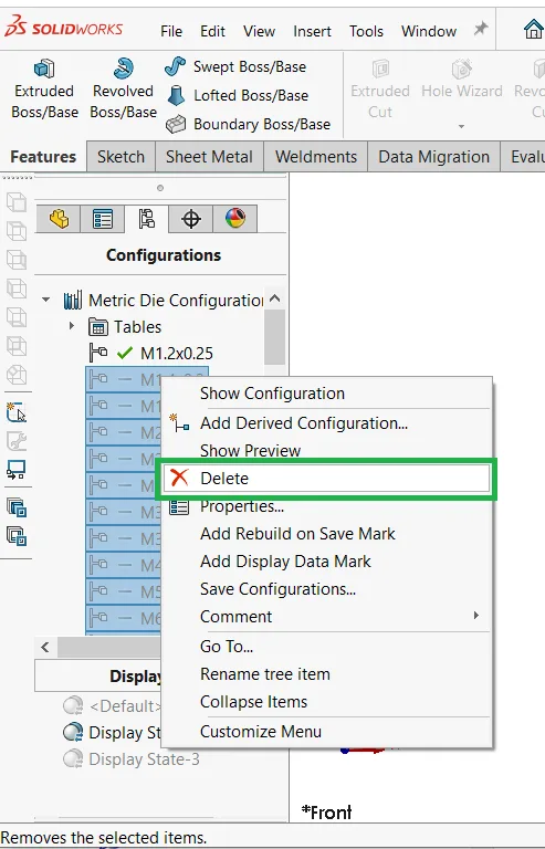 Ta bort gängstorlekar under configuration manager