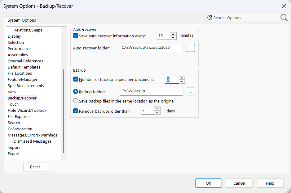SOLIDWORKS Backup/Recover inställningar i System Options