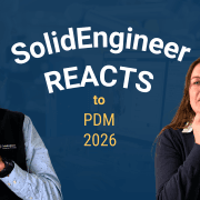 Två personer från SolidEngineer reagerar med förvånade uttryck framför en blå bakgrund. I mitten står texten “SolidEngineer Reacts to PDM 2026