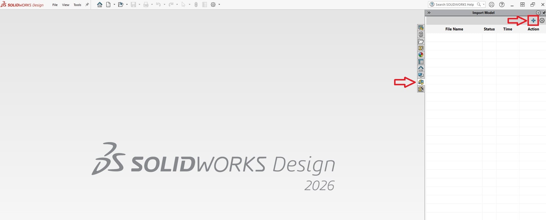 Visar fliken Import Model i Task Pane, SOLIDWORKS