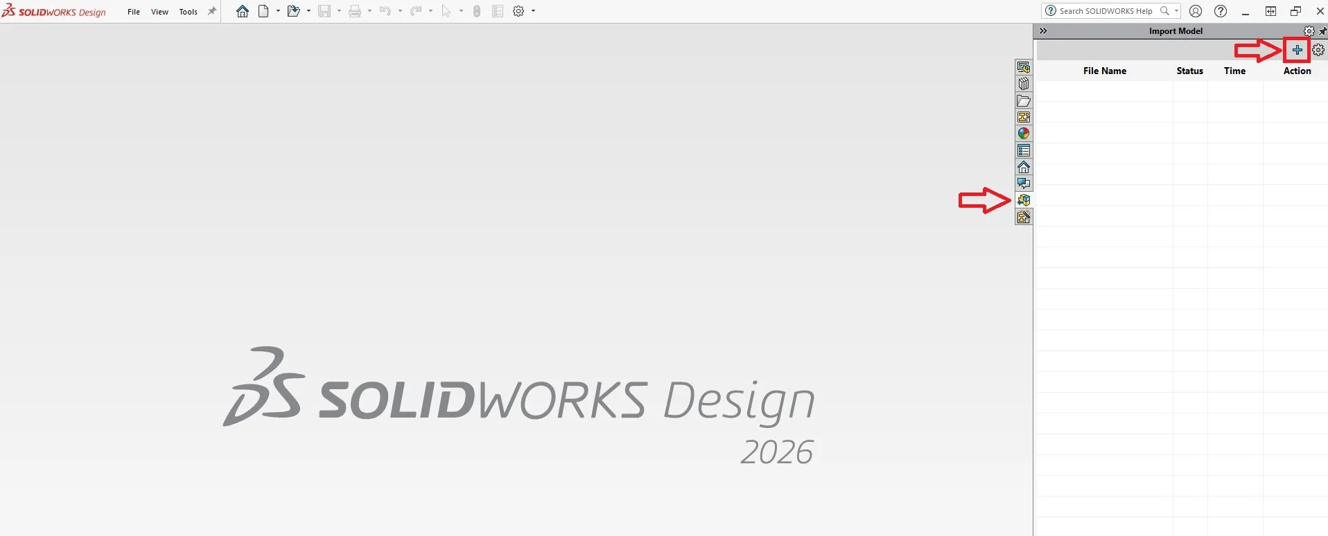 Visar fliken Import Model i Task Pane, SOLIDWORKS