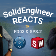 Alice och björn står framför en bild på en strand, de reagerar med förvånade uttryck på nya SOLIDWORKS uppdateringen. i text står det SolidEngineer Recats, Summer Edtion.