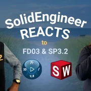Alice och björn står framför en bild på en strand, de reagerar med förvånade uttryck på nya SOLIDWORKS uppdateringen. i text står det SolidEngineer Recats, Summer Edtion.