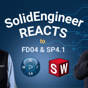 Alice och björn står och reagerar, i bild står det SolidEngineer Reacts to FD04 & SP4.1 med SOLIDWORKS och 3DEXPERIENCE logotyperna.